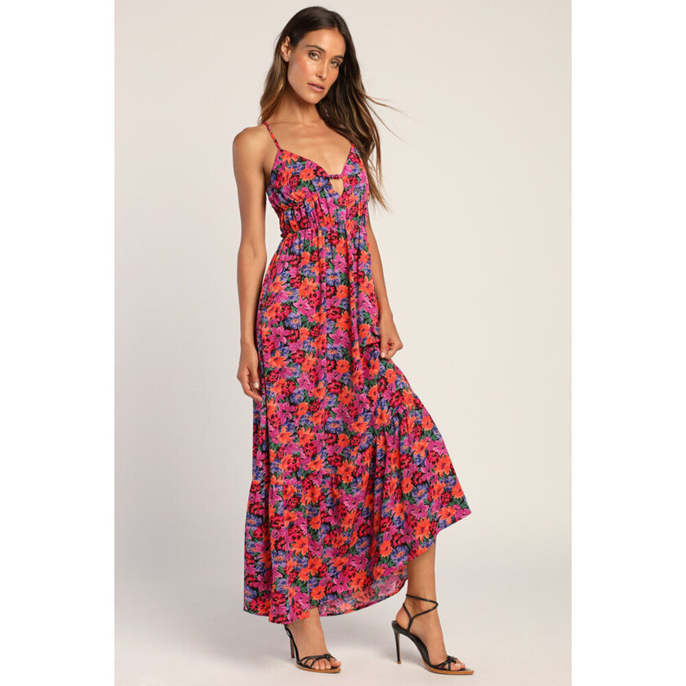 Lulus Sweet And Sultry Magenta Multi Floral Cutout Tie-back Maxi Dress Purple